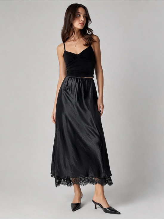 Dresses & Skirts - Women’s Black Satin Lace Trim Maxi Skirt High Rise A-Line Elegant Evening NWT